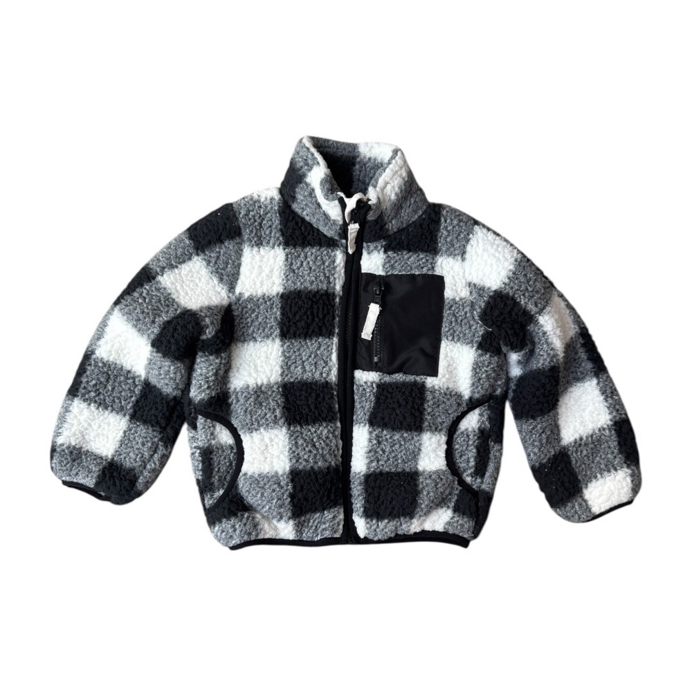 Okie Dokie Toddler 2T Sherpa Fleece Jacket Buffalo Plaid Black White Full Zip